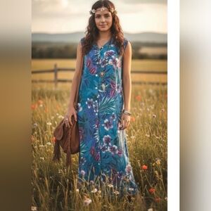 Erika Women’s Floral Button Front Maxi Dress 2X Blue Sleeveless Rayon
